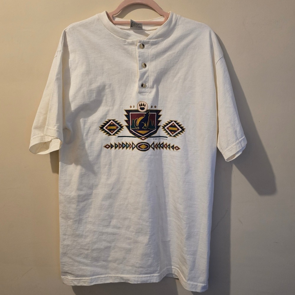 Vintage 90s Bristol Henley Shirt Mens Large White Wolf Southwestern Tribal USA